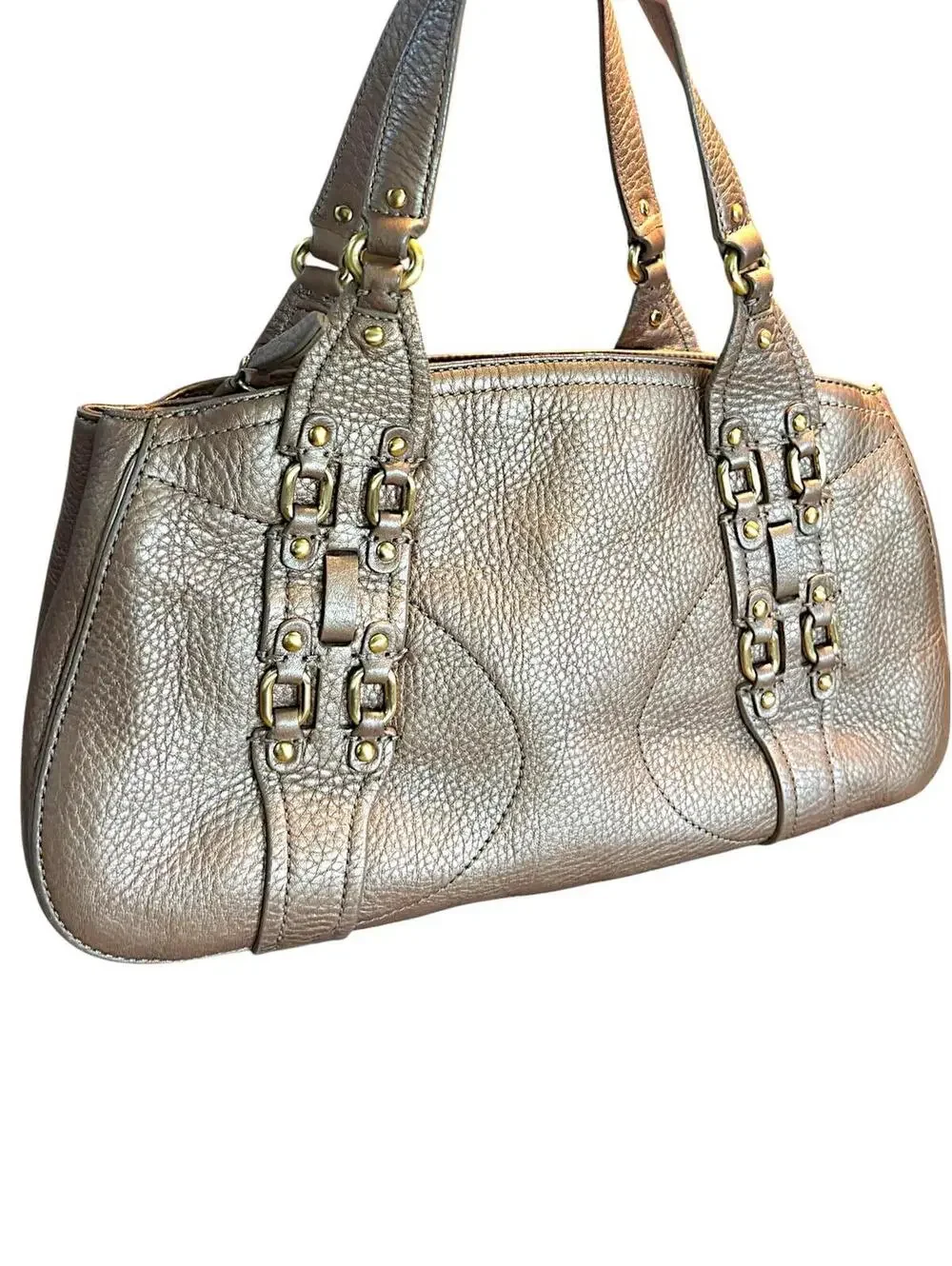 Cole Haan Metallic Bronze Leather Handbag with Gold Tone Hardware